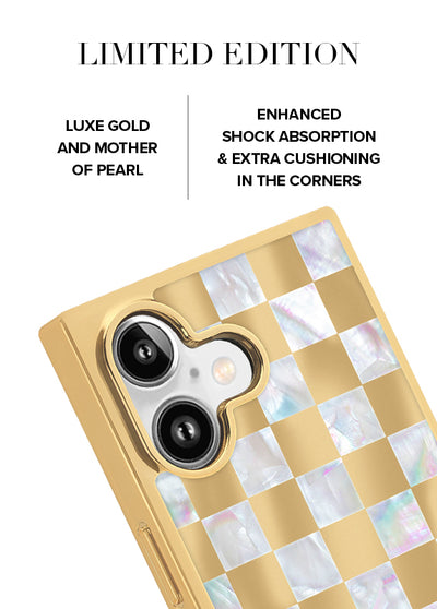 Gold Checkered Mother of Pearl SQUARE iPhone Case #iPhone 17 + MagSafe