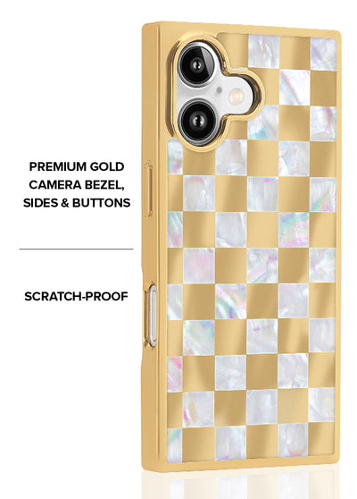 Gold Checkered Mother of Pearl SQUARE iPhone Case #iPhone 17 + MagSafe