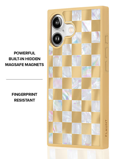 Gold Checkered Mother of Pearl SQUARE iPhone Case #iPhone 17 + MagSafe