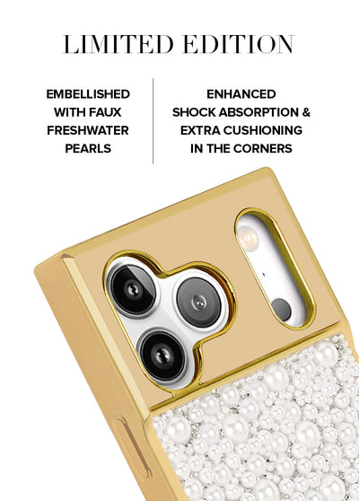 Gold Metallic Embellished Pearl SQUARE Phone Case #iPhone 17 Pro
