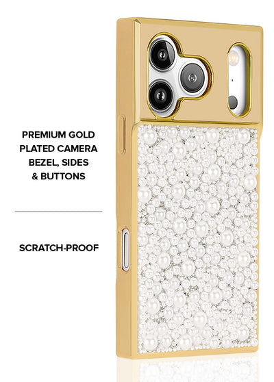 Gold Metallic Embellished Pearl SQUARE Phone Case #iPhone 17 Pro