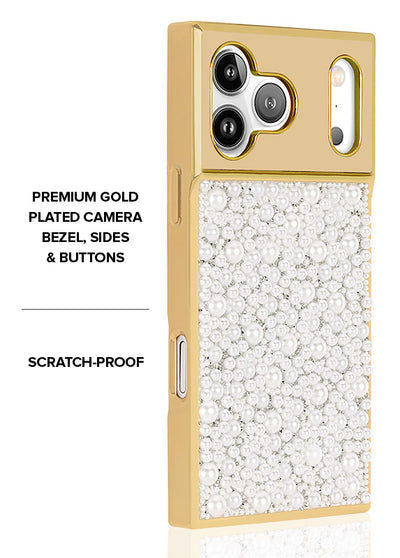 Gold Metallic Embellished Pearl SQUARE Phone Case #iPhone 17 Pro Max