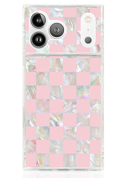Pink Checkered Mother of Pearl SQUARE iPhone Case #iPhone 17 Pro Max + MagSafe