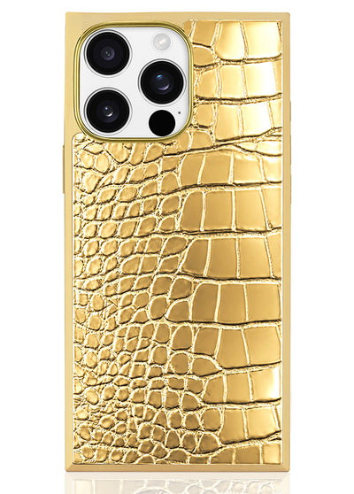Gilded Gold Faux Croc Elegance SQUARE iPhone Case #iPhone 15 Pro Max + MagSafe,iPhone 15 Pro + MagSafe