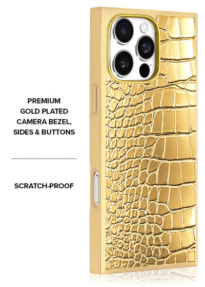 Gilded Gold Faux Croc Elegance SQUARE iPhone Case #iPhone 15 Pro Max + MagSafe,iPhone 15 Pro + MagSafe