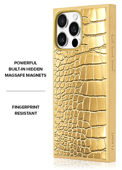 Gilded Gold Faux Croc Elegance SQUARE iPhone Case #iPhone 15 Pro Max + MagSafe,iPhone 15 Pro + MagSafe