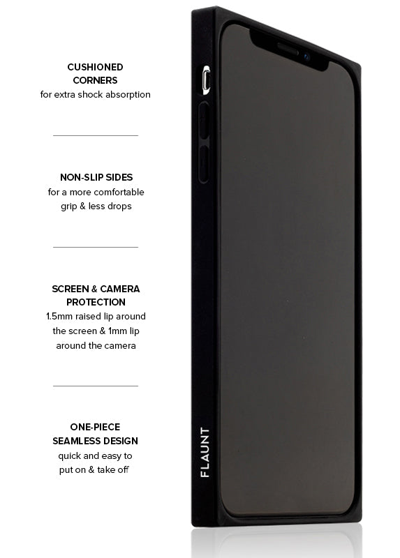 Black iPhone case with cushioned corners, non-slip sides, and raised screen and camera protection.